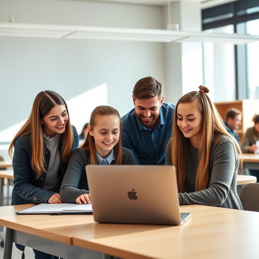 Students collaborating with a teacher on a laptop