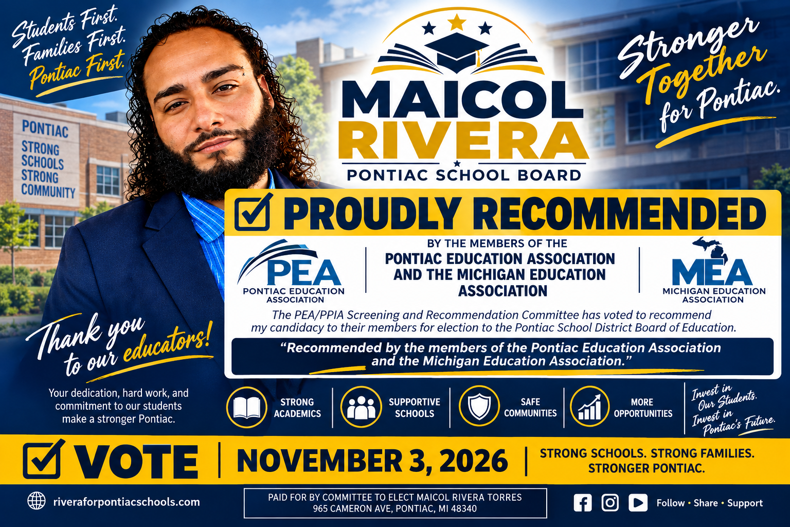 Maicol Rivera proudly recommended by the members of the Pontiac Education Association and the Michigan Education Association — Vote November 3, 2026